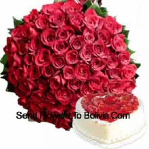 Ramo de 101 rosas rojas con rellenos de temporada junto con 1 kg de pastel de vainilla en forma de corazón