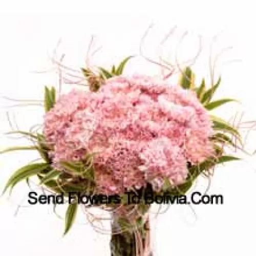 一束25支粉色康乃馨，搭配季节性的填充物