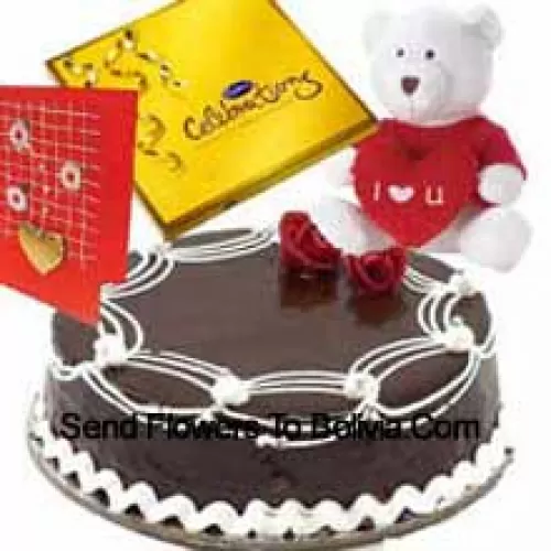 1公斤巧克力松露蛋糕，一盒卡德伯里庆祝礼盒，我爱你的泰迪熊和一张免费的贺卡
