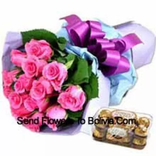 11朵粉色玫瑰和16颗费列罗榛子巧克力花束