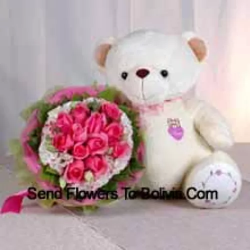 11朵粉红玫瑰和一个中等大小可爱的泰迪熊花束