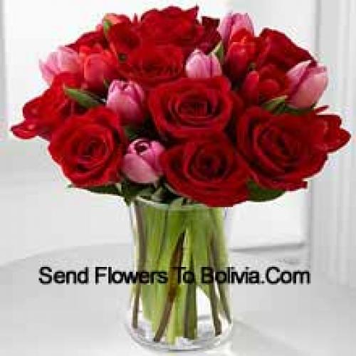 11 Roses and 6 Cute Tulips in Vase