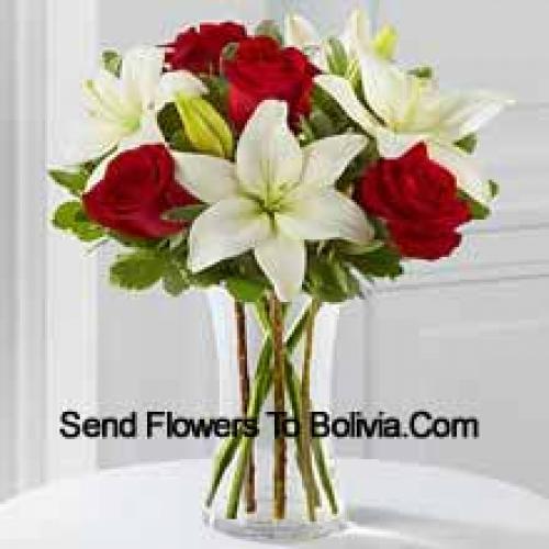 Red Roses and Cute White Lilies in Vase