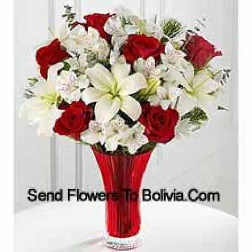 Elegant Red Roses and White lilies in Vase